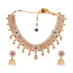 Adwitiya Collection 24CT Gold Plated Traditional Floral design with Kundan Detailing Necklace and Jhumkas Set