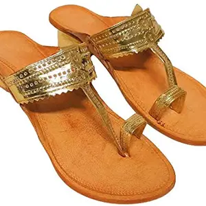 Women's Kolhapuri Chappals | Ethnic Leather Heels Kolhapuris for Women | WK18_9 Gold