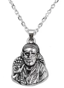 Adhvik Unisex Stainless Steel Silver Plated God Lord Shri Sai Baba/Sai Nath Maharaj Locket Pendant Necklace With Chain