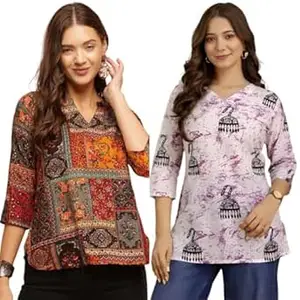 MS VHCK ENTERPRISE Women's Cotton Printed Short Kurti, Round Neck, Three Quarter Sleeve, Straight Fit, Pack of 2