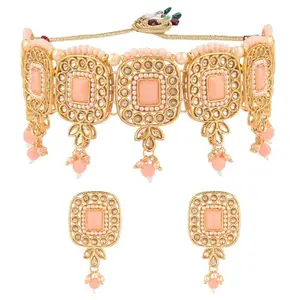 Amazon Brand - Anarva Crystal Kundan Choker Necklace Square Drop Dangle Earrings Set