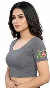 PAARTH ENTERPRISE Women Cotton Blend Peacock Print Readymade Saree Blouse Round Neck Short Sleeve Party