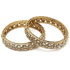 Karatcart Kundan Studded Antique Gold Plated Set of 2 Rajwadi Bangles for Women
