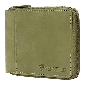 VERMELLO® Genuine Leather Latest Wallet for Men | RFID Blocking Branded Real Leather Purse for Men's | Stylish Round Zip Unisex Green Leather Wallet
