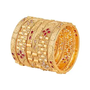 Rajnandni Jewellery Traditional Flower Design Gold Plated (Set Of 6) Bangle Set For Women