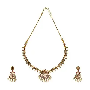 Kushal's Fashion Jewellery Ruby Gold Plated Ethnic Antique Necklace Set - 421494