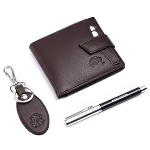 MEHZIN Men Formal Wallet,Key Ring & Pen Combo Gift Set Brown Genuine Leather RFID Wallet (8 Card Slots) Wallet,Key Ring & Pen 3Pcs Combo Gift Set. Style-129