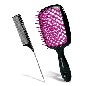 Majestique Paddle Vent Hair Brush with Tail Comb, Ultra-Soft Tipped Bristle for Curly, Straight, Natural Hair Perfect for Dry and Wet - 2Pcs/Color May Vary