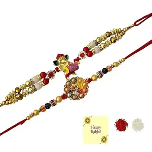 Avanti Creations Set Of 2 Beautiful Design Elegant Traditional Om Ganesh Rakhi Combo For Men Raksha Bandhan Rakhi for Bhai Bhabhi With Roli Chawal And Greetings Card For Men