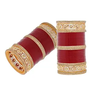 Lucky Jewellery Bridal Bangle Set Wedding punjabi chuda Designer chura AD & CZ Stone Red color Choora Set for Women (4762-G1C1-AD-R-26)