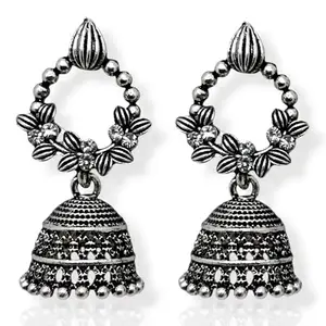 Traditional Oxidised Silver Jhumka Earrings, Floral Design, Antique Finish