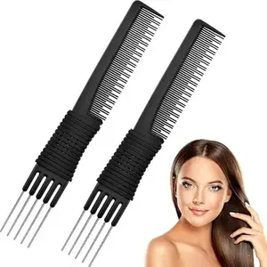 ZAUKY NEW 2pcs Carbon Lift Teasing Combs with Metal Prong Anti Static Salon Teasing Back Combs Carbon Comb (COMBO PACK)