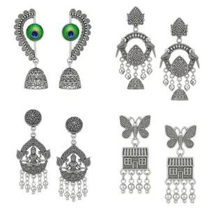 Oxidized Silver Ethnic Jhumka and Chandbali Earrings Set for Women, 4 Pairs