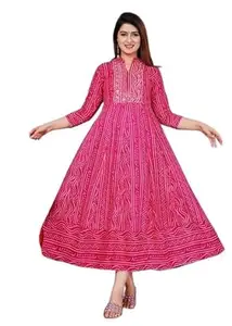 Viravi Fashion Womens Embroidery Rayon Bandhej Bandhani Printed Kurta Ethnic Frock Pattern Dress (Medium, Pink)