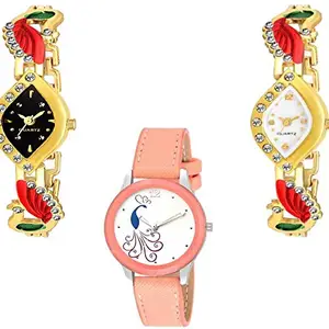 RPS FASHION WITH DEVICE OF R Analog White Color Peacock Dial Combo of 3 Watch for Girls and Women