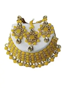 Sassybirdfashion Elegant Jewellery set with yellow pearls and stone work, perfect for a radiant festive or Haldi look for Mother, Women, and Girls | Birthday Gifts for Women and Girls