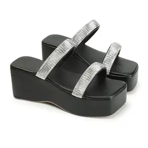 SLEEK STEP Women's Synthetic Casual Slip-On Two Strap Open Toe Sandal For Girl (Color:-Black,Size:-39)