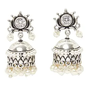 VOYLLA Silver Plated Traditional Brass Faux Pearls Jhumka Earrings
