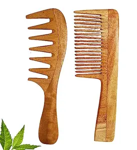 Rufiys Wide Tooth Neem Wooden Comb for Hair Growth Women & Men (Wide Tooth + Handle Pack of 2)