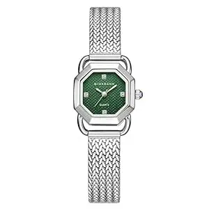 Giordano Analog Quartz Watch for Women with Octagonal Textured Dial, Crystal Hours Markers, Blue Crown and Mesh Metal Strap