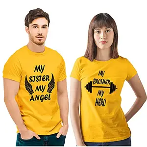Hangout Hub Sibling T Shirts | My Sister My Angel My Brother My Hero Printed Tshirts (Yellow;Men XXL;Women S) Family Re-Union Collection (Set of 2,Cotton,Regular Fit,Half Sleeve)