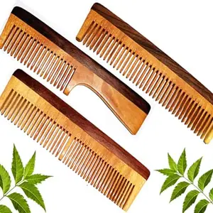 Rufiys Neem Wood + Rosewood Comb for Men & Women | Wide Tooth Anti Dandruff | Anti-Static | Hair Growth Pack of 3
