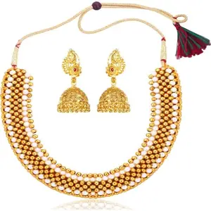 Heer Collection Traditional Wedding Maharashtrian Kolhapuri Thushi (Choker) Necklace Set Jewellery for Women and Girls (Combo Thushi 802 - Jhumki 1001)
