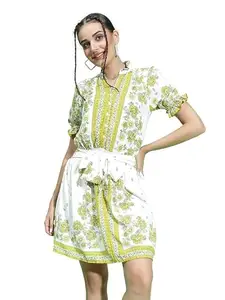 oxolloxo Women Green Color Scarf Floral Print with Elasticated Waist Tie-Knot Belt Detail Dress with Short Sleeve