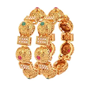 9blings Ornate Gold Plated Polki Pearl 2pc Rajwadi Kada Bangle