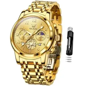 OLEVS Men's Business Watch Gold Blue with Large Easy-Read Analog Quartz Date Display Luxury Stainless Steel Band Waterproof Luminous Hands