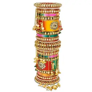 BRIDAL GARNISH Plastic Red Green Yellow Magenta Quad Colour Chura with Kundan Handwork, Red Kada, with Latkan Bangles (Chuda with Latkan Bangles, 2.4)