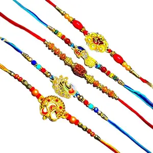 Decorative Rakhi Set with Beads and Golden Accents, Traditional Thread Bracelets, Multicolored, Pack of 5