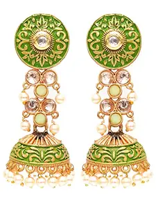 Karatcart Gold Plated Light Green Meena and Pearl Studded Jhumki Earrings for Women
