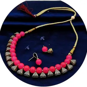 WORLD WIDE VILLA Oxidised Silver Earring & Necklace Set For Women Pack of 1 Pink || WV_Set39