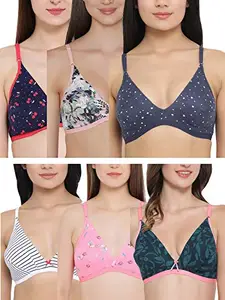 Clovia Women's Pack of 6 Cotton Non-Padded Non-Wired T-Shirt Bra (COMBRC715_Multicolored_36B) (Print and Color May Vary)