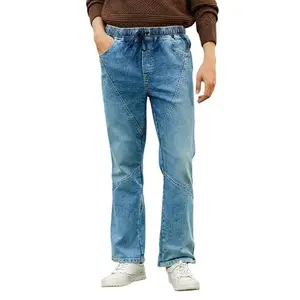 Campus Sutra Men's Light Blue Straight-Fit Patchwork Denim Jeans for Casual Wear | Low-Rise | Medium-Wash | Button Closure | Denim Jeans Crafted with Comfort Fit for Everyday Wear