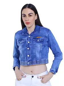 FCK-3 Light Blue Cloud Washed Stretchable Denim Fabric Full Sleeves Crop Top Length Elastic Fitted Hem Buttoned Jacket for Women