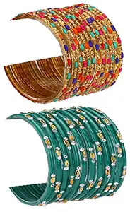 Colorful Glass Bangle/Kada Set Combo Ornamented With Colourful Chips & Beads_G1374 (AkBang2-SS1.b_bang)