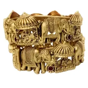 FASHION FOREST Gold Plated Elephant and Doli Motif Thick 2 Piece Screw Bangle Ethnic Traditional Temple Jewellery for Women (2.4)