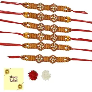 Avanti Creations Multicolor Set of 6 Swastik Symbol, Religious Rakhis with Roli Chawal Pack - Rakhi for Brother, Bhaiya, Bhai With Roli Tilak Greetings Card