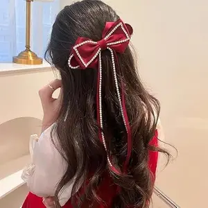 H-Style Store 1 PCS Large Bow Hair Clip Long Ribbon Hair Bows Rhinestone Tassel Hair Clip French Design Barrettes Fashion Hair Styling Accessories for Women Girls|BLACK COLOR (Red)