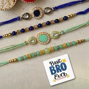 eCraftIndia Set of 4 Multicolor Beads Kundan Designer Rakhis, Best Bro Ever Fridge Magnet with Roli Chawal Pack - Rakhis for Brother, Bhabhi, Kids