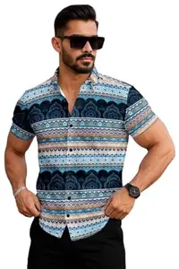 Men’s Stylish Printed Lycra Half Sleeve Shirt for Men & Boys Design No D 78 Blue XL