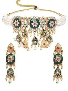 Karatcart Gold Plated Green Meena Kundan Choker Necklace Set for Women