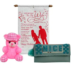 Saugat Traders Gift Combo for Wife - Birthday Scroll Card, Women's Wallet and Soft Teddy Bear - Birthday Gift for Wife
