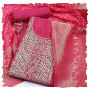 Meena Bazaar Women Rani Chanderi Unstitched Suit Set With Dupatta