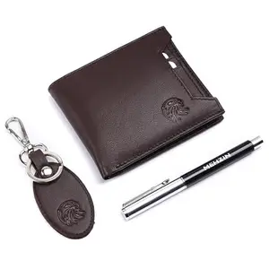 MEHZIN Men Formal Wallet,Key Ring & Pen Brown Genuine Leather RFID Wallet (8 Card Slots) Wallet,Key Ring & Pen 3Pcs Combo Gift Set. Style-141