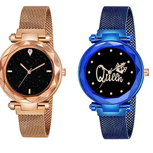 Red Robin Analogue New Unique Designer Black Dial Rose Gold & Blue Magnet Strap Wrist Watch - for Women & Girls