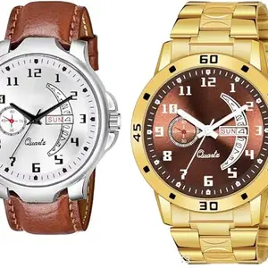 Day n Date Men Stylish Analog Latest Watches Combo - Set of 2 - BRN-19-AND-GOLD-18