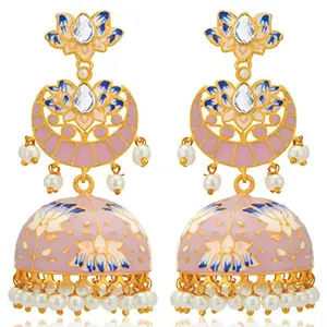 Peora Traditional Brass and Kundan Jhumki Earrings for Women & Girls, Pink